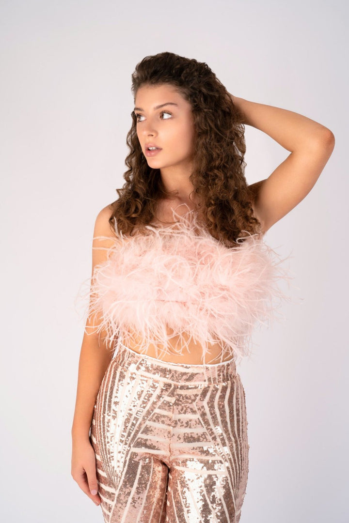 THE DAISY OSTRICH FEATHER TOP: BEIGE ELEGANCE (CUSTOM) - Pinkaholics Anonymous